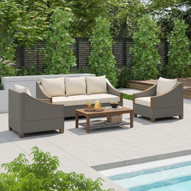 4-Piece Rattan Outdoor Conversation Sofa Set with Wooden Coffee Table and Cushions Seating 5 People for Patio, Garden and Backyard (Grey)