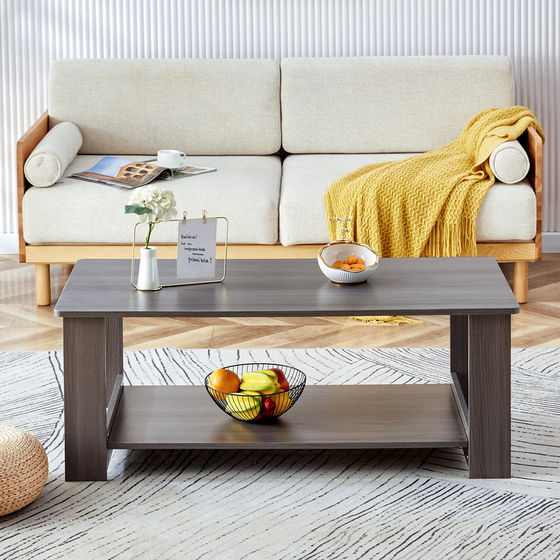 A modern and practical gray textured coffee table,tea table.Double layered coffee table made of MDF material,. Suitable for living room,bedroom and study room. 43.3"x21.6"x16.5" CT-16