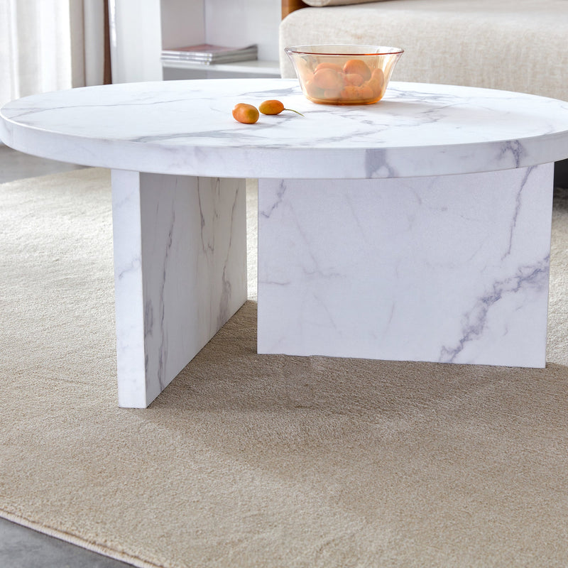 A white MDF material circular patterned coffee table, a 31.4-inch white center table, modern coffee table, suitable for small spaces and living rooms.