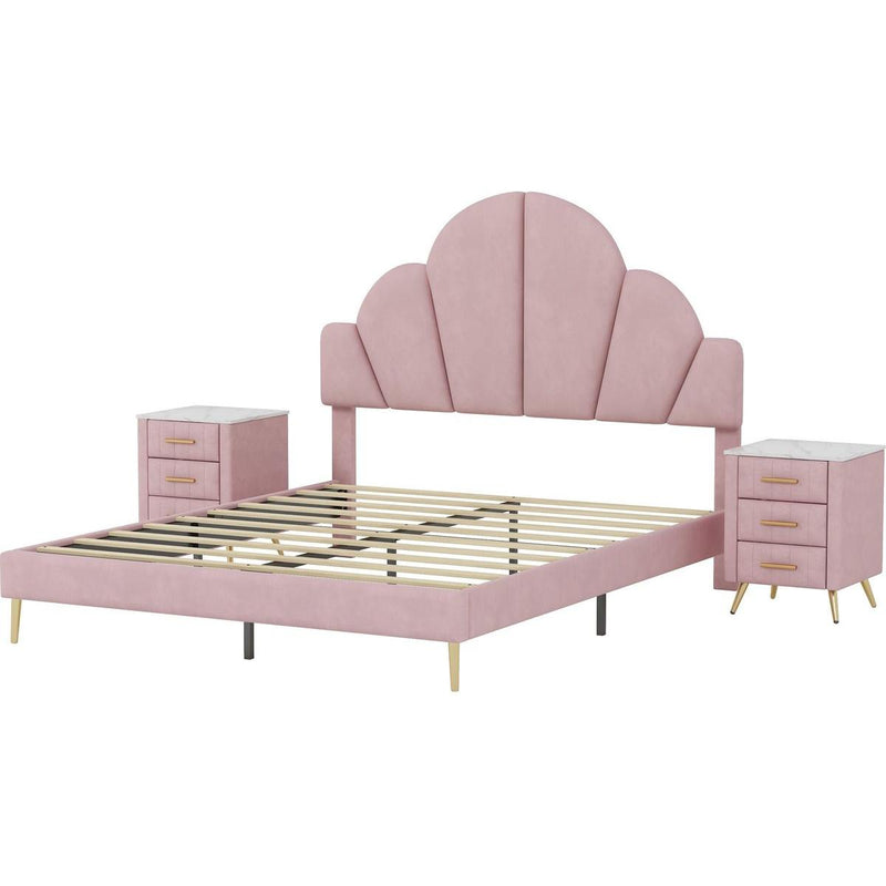 3 Pieces Bedroom Sets, Queen Size Modern Velvet Upholstered Bed Frame with  Petal Shape Headboard, 3 Drawers Nightstands, Pink