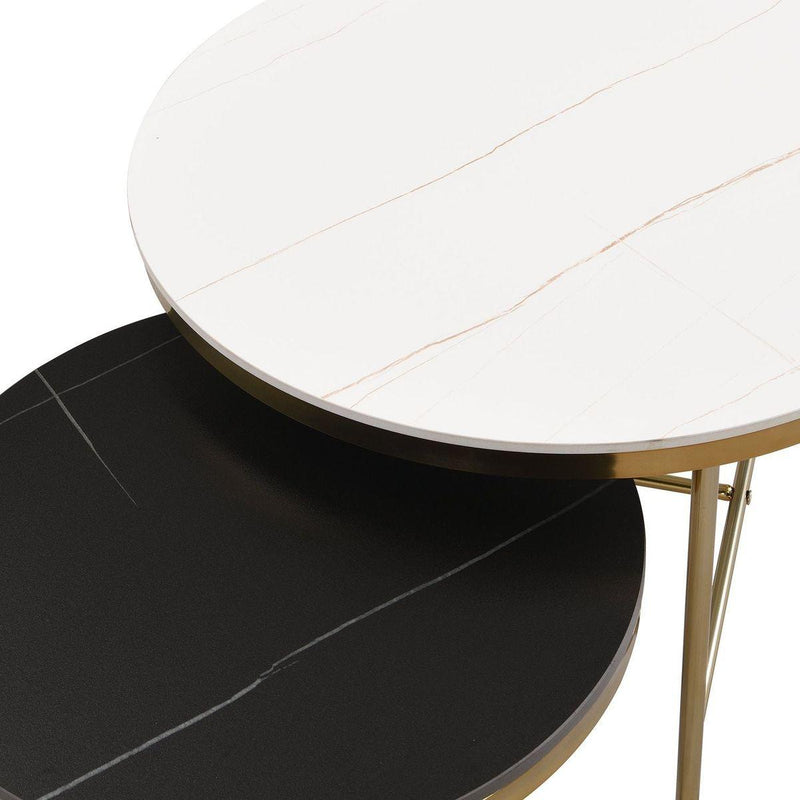 Modern Round Nesting Coffee Table Set 2-Piece Black & White Sintered Stone Top Gold Base in 23.6"&17.7"