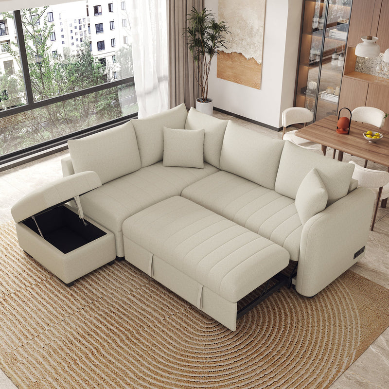 82.6" L-shaped Sectional Pull Out Sofa Bed Sleeper Sofa with Two USB Ports, Two Power Sockets and a Movable Storage Ottoman, Beige