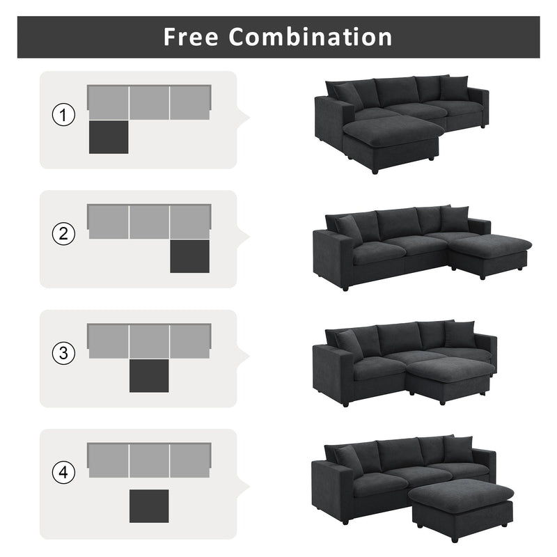 Walker Edison | Chenille Black Modern L-shape Sectional Sofa Ottoman