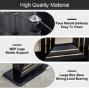A table and four chairs. The table features a black imitation marble pattern tabletop and black gold MDF legs. The chair has a white PU backrest cushion and black metal legs. F-SQ