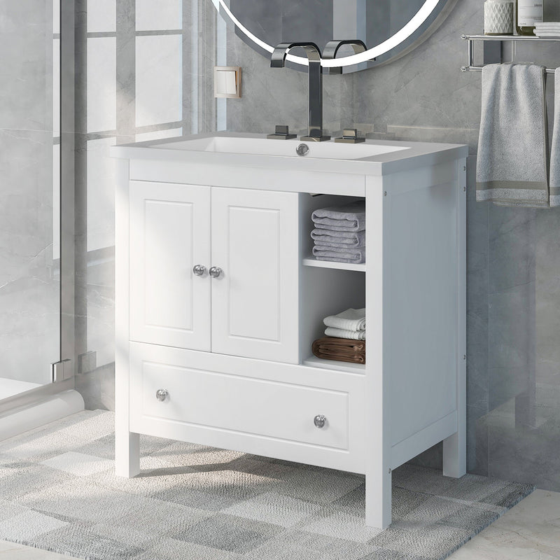 30" Bathroom Vanity with Sink, Bathroom Storage Cabinet with Doors and Drawers, Solid Wood Frame, Ceramic Sink, White