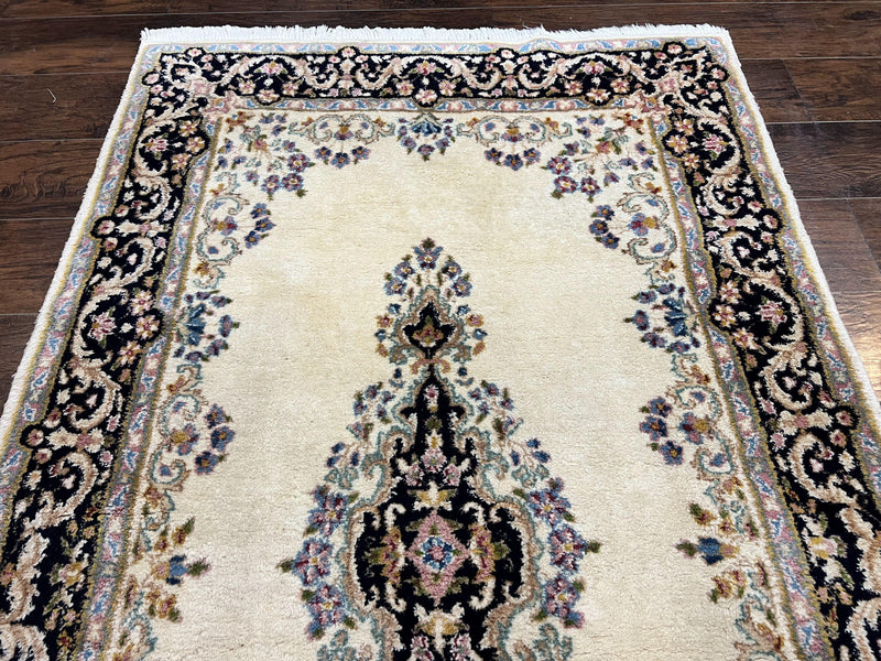 Persian Kirman Rug 4x7, Wool Hand Knotted Antique Carpet, Beige, Semi Open Field Medallion Rug, Traditional Handmade Oriental Rug