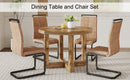 A modern and practical circular dining table. Made of MDF tabletop and wooden MDF table legs. 4-piece technology cloth high backrest cushion side chair, C-shaped tube black metal legs.