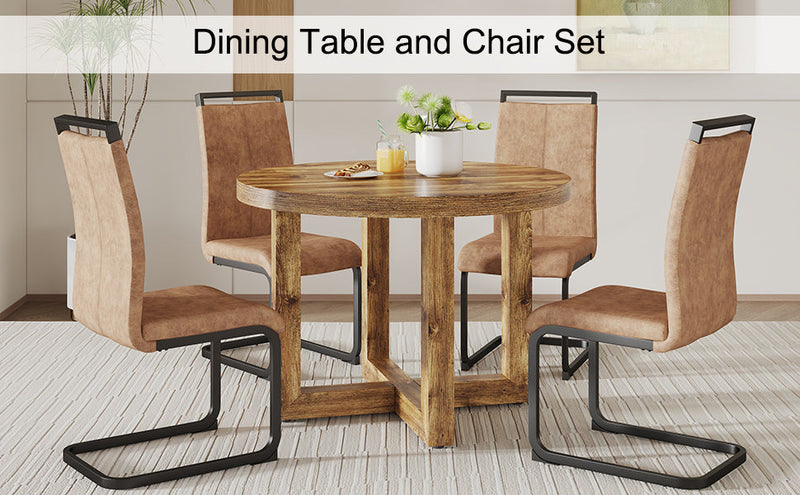 A modern and practical circular dining table. Made of MDF tabletop and wooden MDF table legs. 4-piece technology cloth high backrest cushion side chair, C-shaped tube black metal legs.