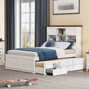 3 Pieces Wooden Captain Bedroom Set Full Bed with Trundle, Nightstand and Dresser, White + Walnut