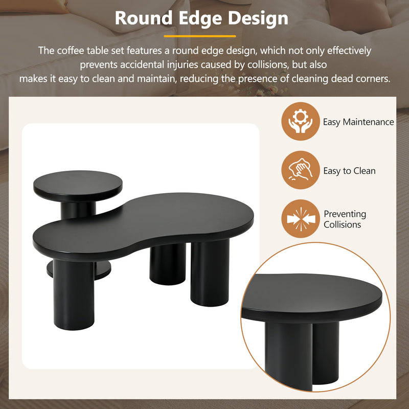 Walker Edison - Nesting Coffee Table Set of 2, Cream Style Cloud Coffee Table with Round Small Side Table,  Irregular Center Table with Thick Legs for Living Room, Black, 39.3''x 13.7'',Φ15.7''