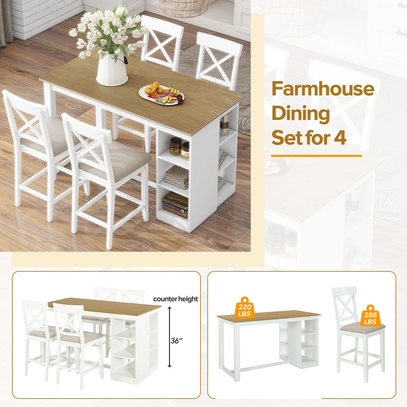 60"Lx30"W Solid Wood Farmhouse Counter Height Dining Table Set with 3-Tier Storage Shelves, Upholstered Dining Chairs for 4, 5-Piece, White