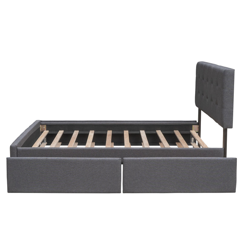 Upholstered Platform Bed with 2 Drawers and 1 Twin XL Trundle, Linen Fabric, Queen Size - Dark Gray