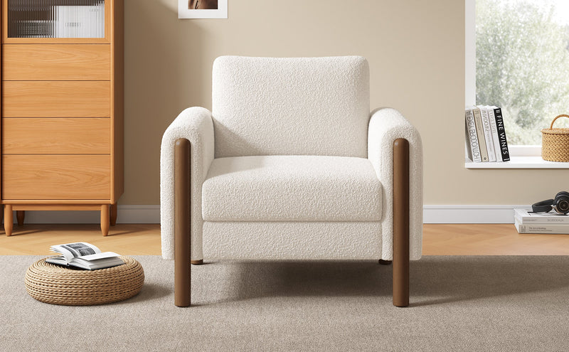 Walker Edison - Oversized Accent Chair, Upholstered Living Room Chairs Single Sofa Chair with Walnut Legs, Curved handrail, White