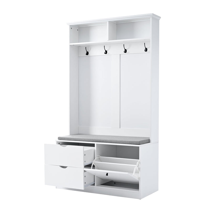 5-in-1 Entryway Bench with Coat Rack, Cushion and 4 Sturdy Hooks, 40.6" Wide Hall Tree with Shoe Storage Bench for Hallway, Entryway, Living Room