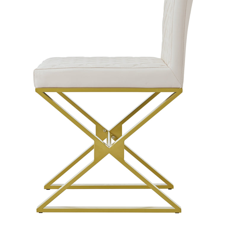 7-Piece Modern Dining Table Set, Rectangular Marble Texture Kitchen Table and 6 PU leather Chairs with X-Shaped Gold Steel Pipe Legs for Dining Room (White)