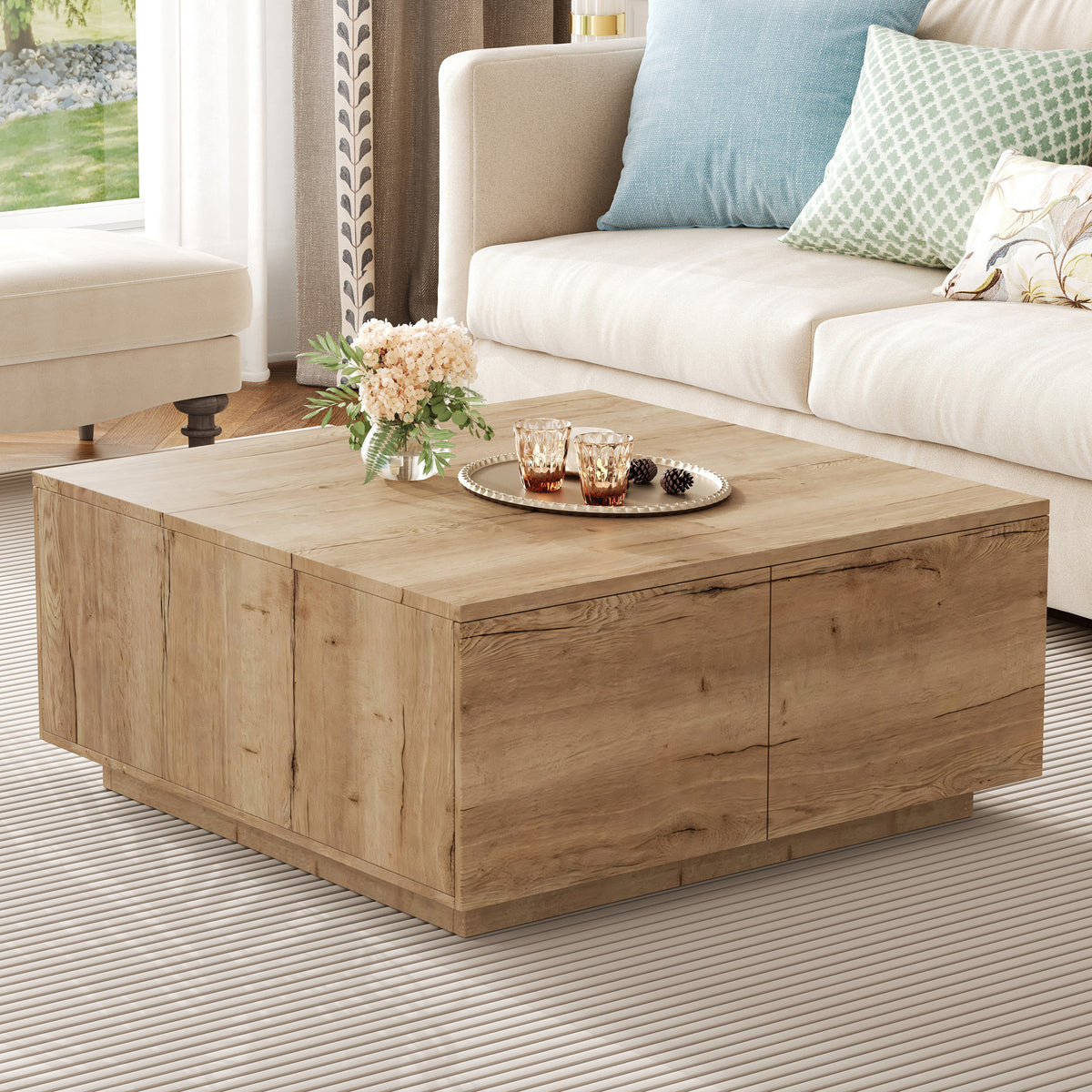 33.25-Inch Square Coffee Table with 4 Drawers, Natural, photo 4 of 10