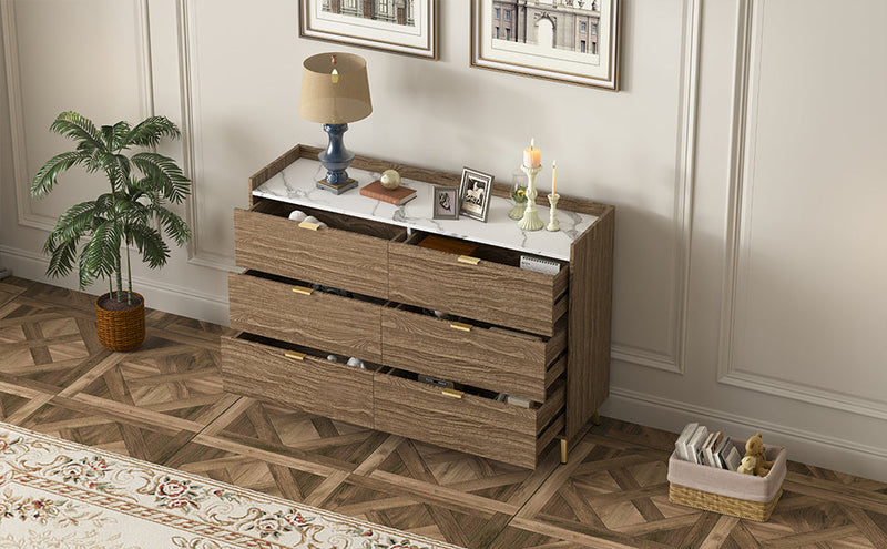 55" Long 6 Drawer Dresser with Marbling Worktop, Mordern Storage Cabinet with Metal Leg and Handle for Bedroom,Walnut