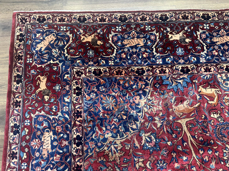 Antique Indo Persian Kerman Rug 9x12 Red Manchester Wool Animal Pictorials, Fine 290 KPSI