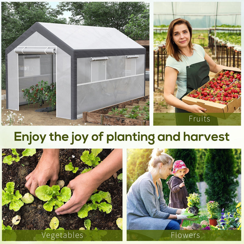 12' x 7' x 7' Walk-In Greenhouse, Outdoor Garden Warm Hot House with 4 Roll-up Windows, 2 Zippered Doors and Weather Cover, White