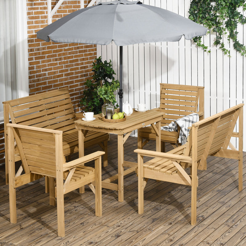 5 Piece Wooden Patio Dining Set for 6, Outdoor Conversation Set with 2 Armchairs, 2 Loveseats, and Dining Table with Umbrella Hole for Backyard, Garden, Light Brown