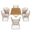 Outdoor 7-Piece Dining Set - Rectangular Teak Wood Table + 6 Wicker Chairs