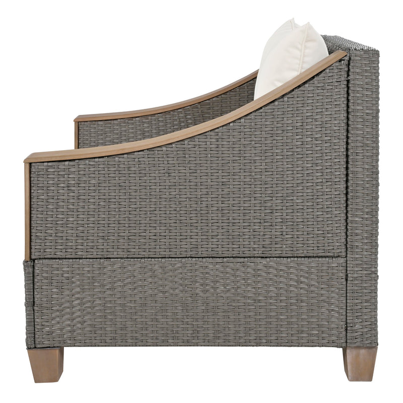 4-Piece Rattan Outdoor Conversation Sofa Set with Wooden Coffee Table and Cushions Seating 5 People for Patio, Garden and Backyard (Grey)