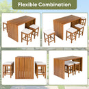 5 Piece Outdoor Bar Set, Patio Acacia Wood Bar Height Table & Four Stools with Cushions, Wood Dining Bar Set for Backyard, Poolside, Balcony, Beige Cushion and Natural Wood by Montret