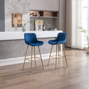 30 inch Set of 2 Bar Stools, with Chrome Footrest Velvet Fabric Counter Stool Golden Leg Simple High Bar Stool, BLUE