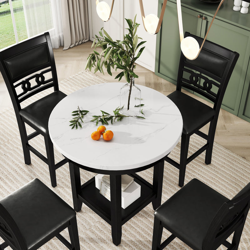 5-piece Counter Height Dining Round Table Set with One Faux Marble Top Dining Table and Four PU-leather Chairs,Dark Espresso
