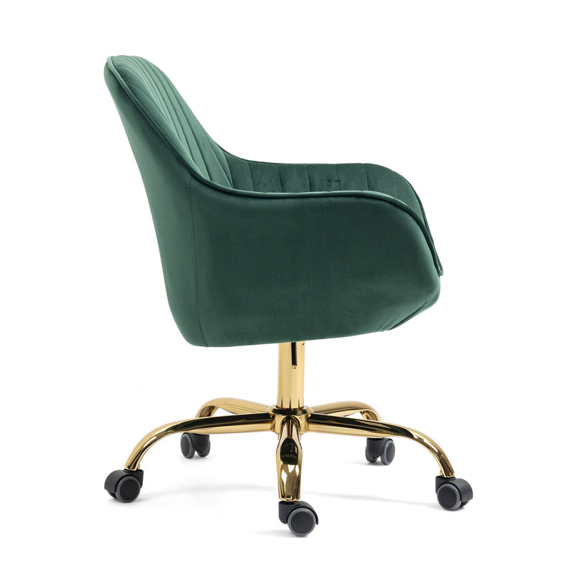 360 Green Velvet Swivel Chair With High Back, Adjustable Working Chair With Golden Color Base