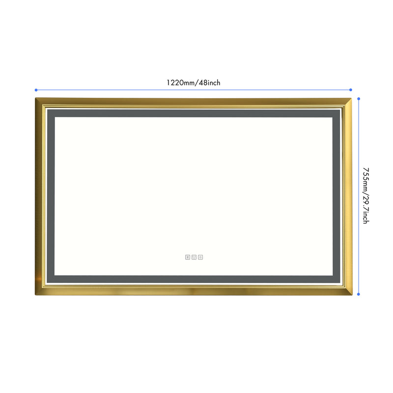 48 in. W x 30 in. H Oversized Rectangular Gold Framed LED Mirror Anti-Fog Dimmable Wall Mount Bathroom Vanity Mirror Wall Mirror Kit For Gym And Dance Studio
