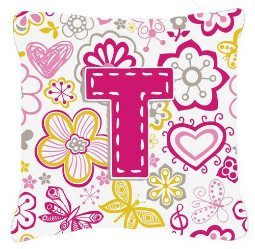 Letter T Flowers and Butterflies Pink Canvas Fabric Decorative Pillow CJ2005-TPW1414