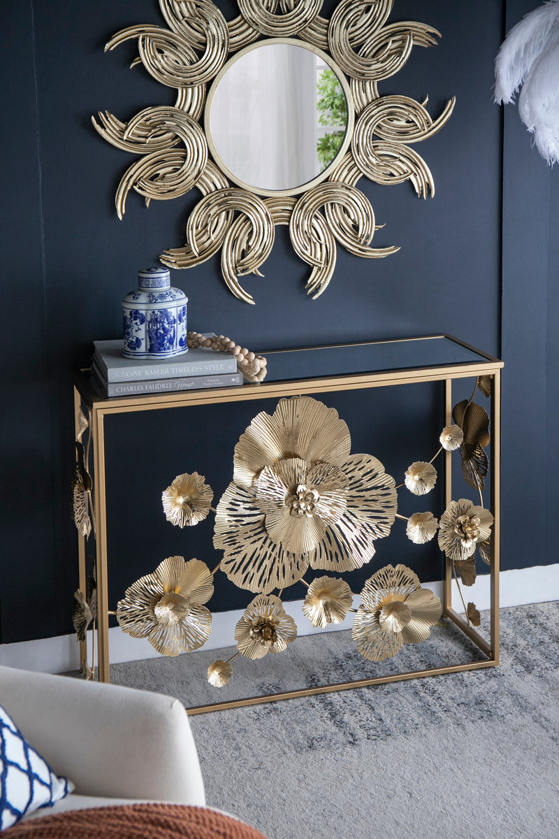 39.5" x 12" x 30.5" Gold Console Table with Mirrored Glass Top, Modern Entryway Table for Living Room Foyer Entryway