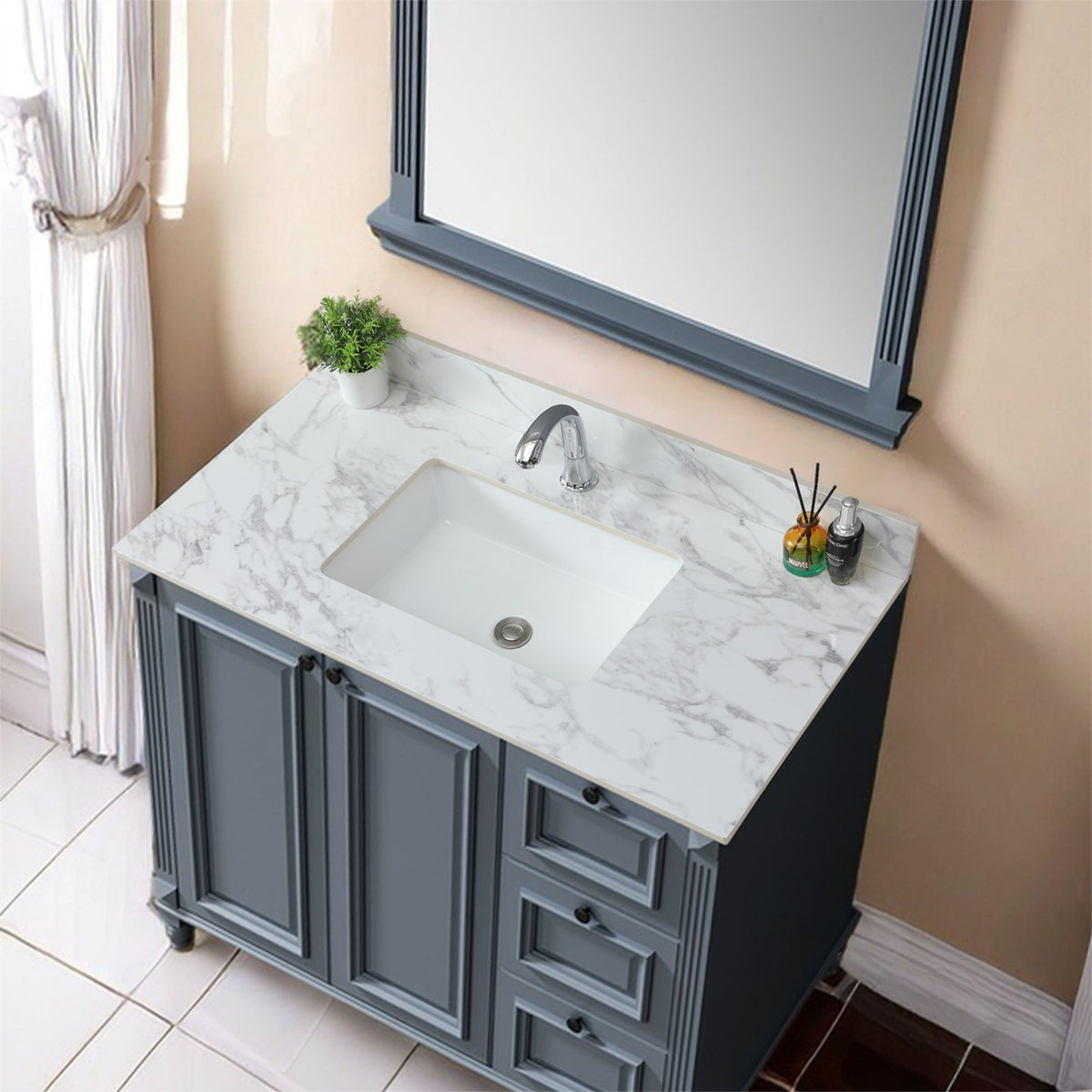 Elegant Bathroom Vanity Top With Rectangular Ceramic Sink And Backsplash, photo 10 of 19