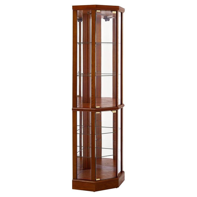 6 Shelf Lighted Corner Curio Cabinet with Adjustable Tempered Glass Shelves and Mirror Back, Oak