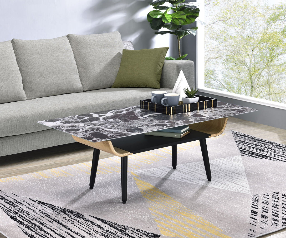 Landon - Coffee Table With Glass Marble Texture Top And Bent Wood Design, photo 2 of 15