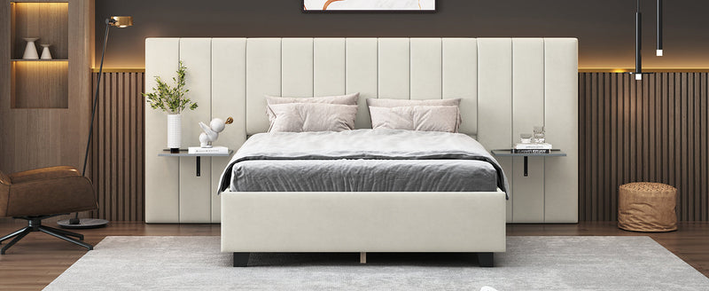 Walker Edison - Full Size Upholstered Platform Bed with Big Headboard, Bedroom Furniture, Velvet, Beige