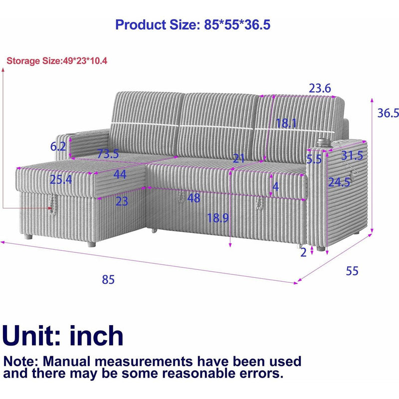 85 Inches Corduroy Sofa Bed, 3 Seater Sleeper Sofa with Storage Chaise, Square Handrail With Two Cup-holder And USB Charge Port, Pull Out Couch for Living Room