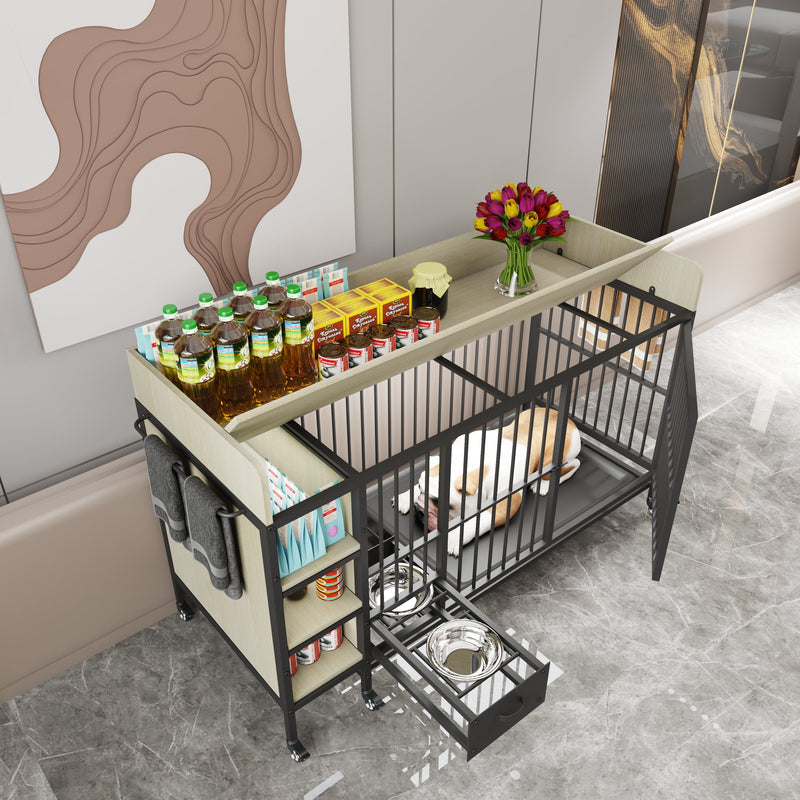 Large pet cage with storage rack, drawers with stainless steel food and water basin, made of iron frame and MDF material, sturdy, exquisite, and practical (black+beige)