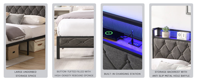 Walker Edison | Upholstered Storage Charging Station and LED Lights Bed