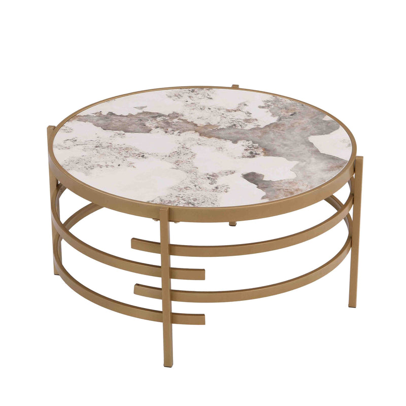 32.48" Round Coffee Table With Sintered Stone Top&Sturdy Metal Frame, Modern Coffee Table for Living Room, Golden