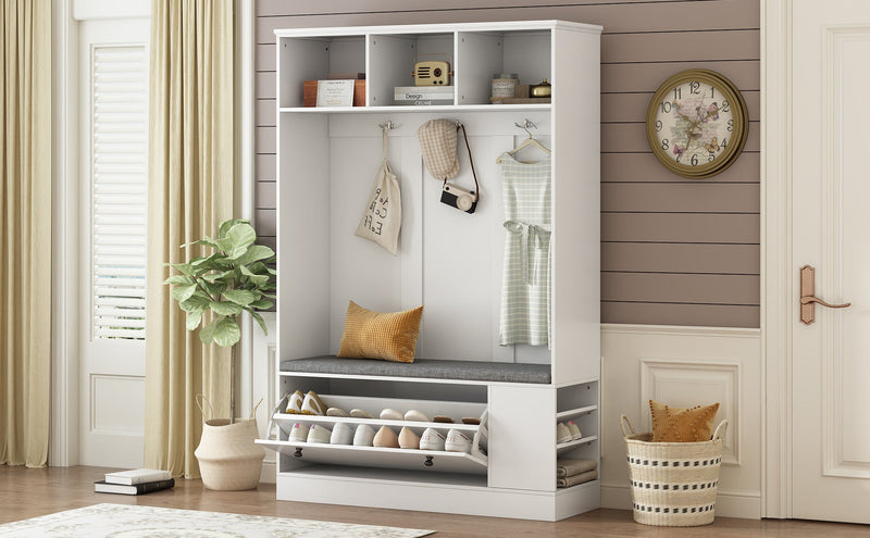 5-in-1 Entryway Bench with Coat Rack, Cushion and 3 Sturdy Hooks, 47.2" Wide Hall Tree with Shoe Storage Bench for Hallway, Entryway, Living Room