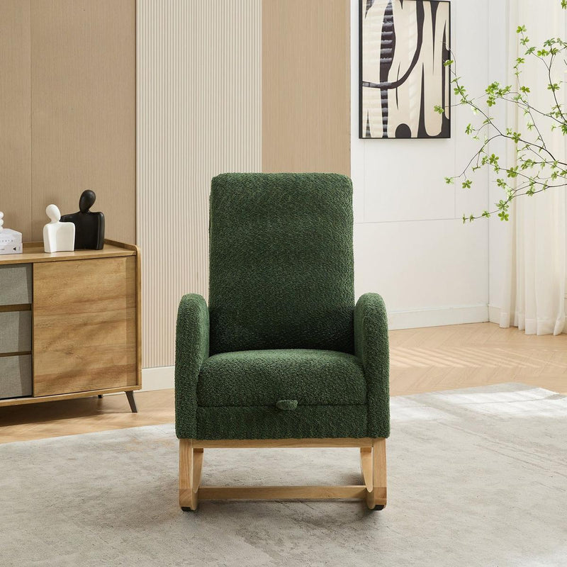 25.4"W Rocking Chair for Nursery, High Back Glider Chair with Retractable Footrest, Side Pocket, Rocking Accent Armchair with Rubber Wood Legs for Living Room/Bedroom.Green