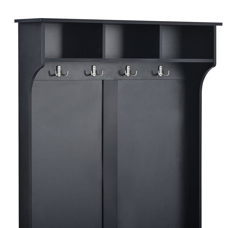 All in One Hall Tree with 3 Top Shelves and 2 Flip Shoe Storage Drawers, Wood Hallway Organizer with Storage Bench and Metal Hanging Hooks, Black