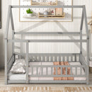 Floor Wooden Bed With House Roof Frame, Fence Guardrails by HouseOfZazla