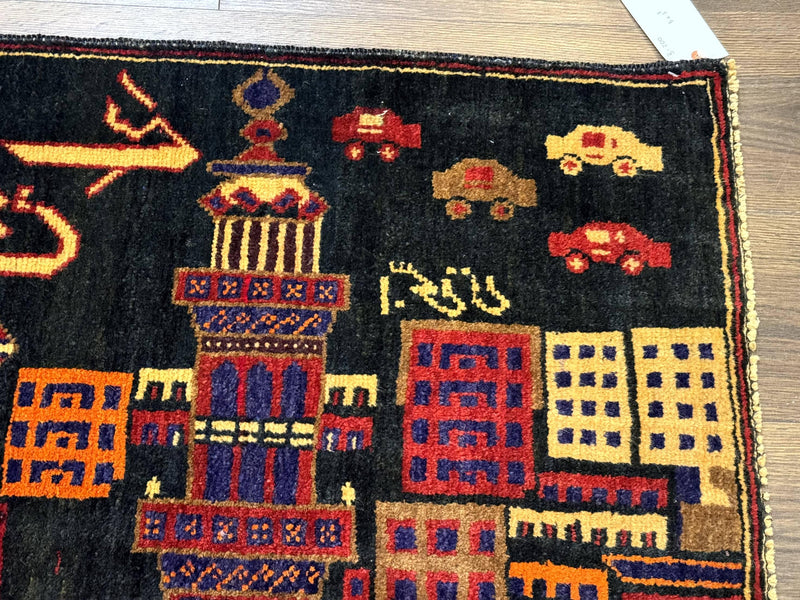 Balouch Rug 3x5, City Pictorial, Afghan Rug