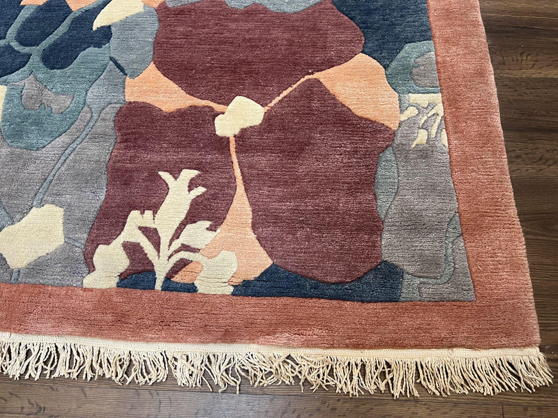 Modern Tibetan Rug 5.7 x 7.9, Abstract Multicolor Flower Pattern, Navy Blue Maroon Salmon, Soft Wool, Hand Knotted Contemporary Carpet 6x8