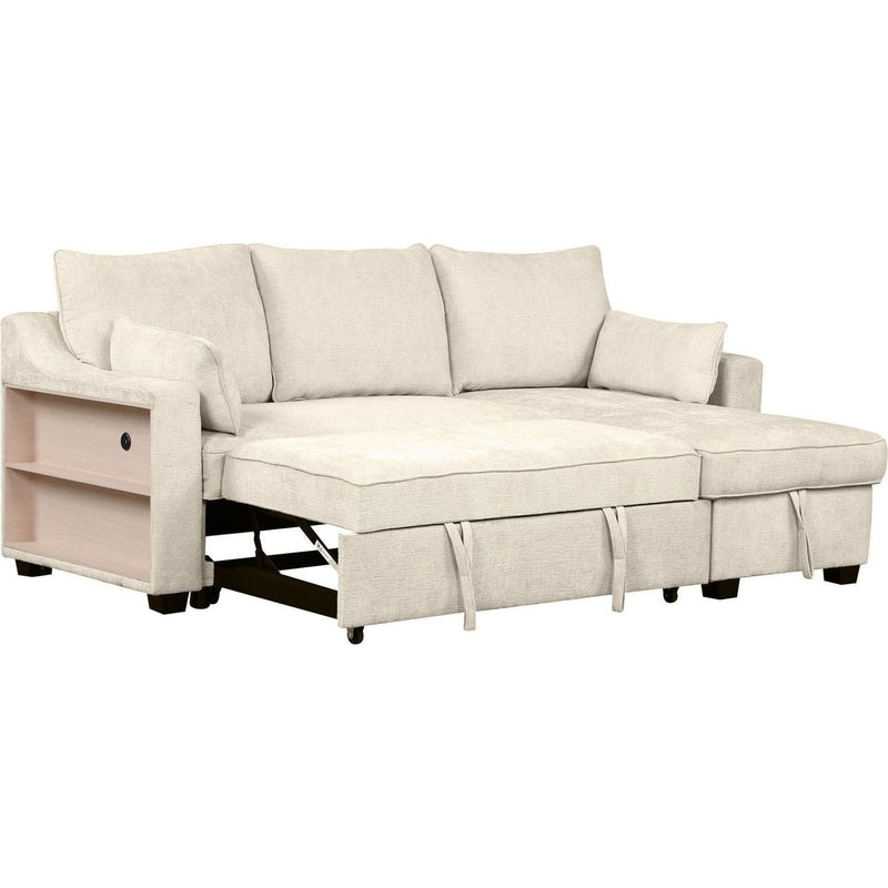 90" Pull Out Sleeper Sofa L-Shaped Couch Convertible Sofa Bed with Storage Chaise, Storage Racks and USB Ports (SG001340AA), Beige
