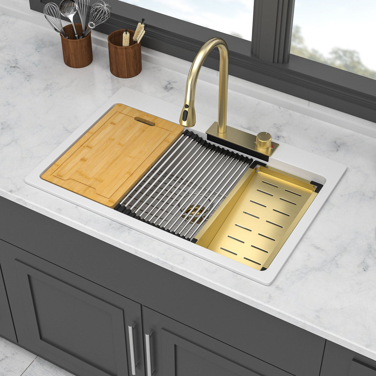 Waterfall Kitchen Sink With Pull Out Faucet & Cup Washer, photo 15 of 40