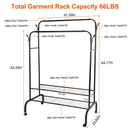 Garment Hanging Rack Clothing Hanging Rail Pillow Shoe Display Organizer Clothes Organizer Stand with 2 Rails 2 Shelves 4 Rolling Wheels 4 Hooks